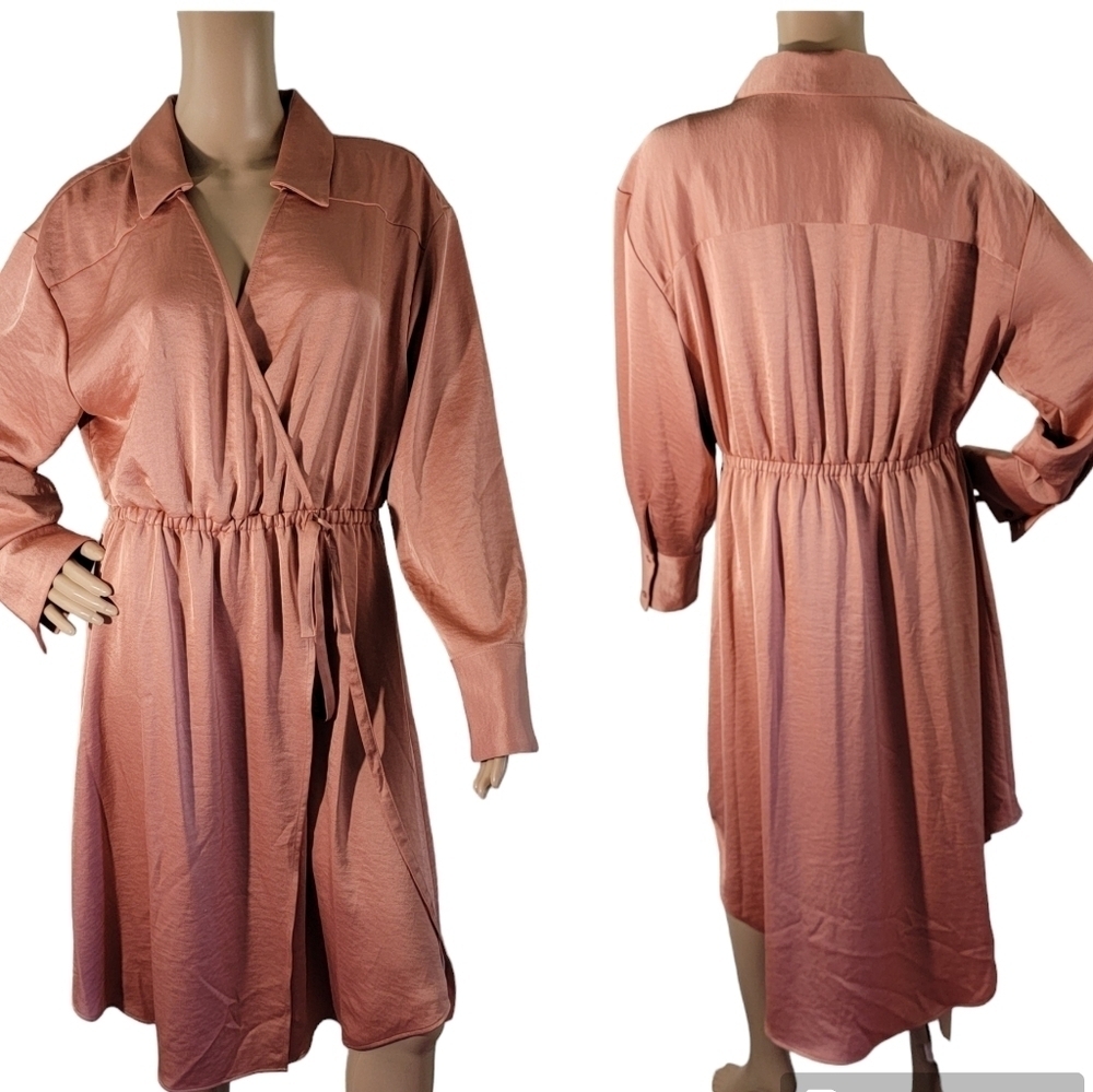 Halogen Women's Pink Long Sleeve Elastic Waist Shirt Dress Sz M Surplice Neck